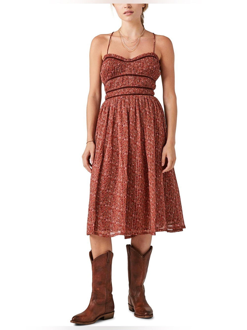 Lucky Brand Women’s Lace Up Floral Chiffon Midi Dress, Size Small